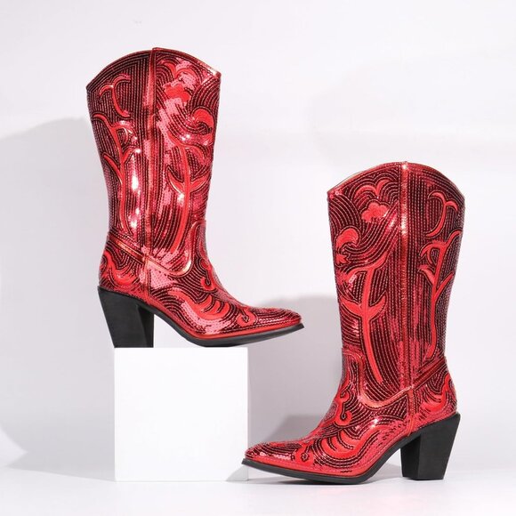 Women's Sequin Red Fashion Western Zipper Pointed Toe Embroidered Boots - Picture 6 of 6